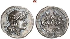 ROMAN COINS MÜNZEN DER RÖMISCHEN REPUBLIK AR-Quinar, nach 211 v. Chr. südostitalische Münzstätte, anonym; 2,08 g. Romakopf r. mit geflügeltem Helm, dahinter V//Dioskuren reiten r. darunter ROMA, dahin