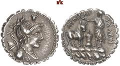 ROMAN COINS MÜNZEN DER RÖMISCHEN REPUBLIK AR-Denar (Serratus), 81 v. Chr. Rom, A. Postumius Albinus; 4,00 g. Drapierte Büste der Diana r. über der Schulter Bogen und Köcher, darüber Bucranium//Togatus