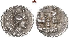 ROMAN COINS MÜNZEN DER RÖMISCHEN REPUBLIK AR-Denar (Serratus), 81 v. Chr. Rom, A. Postumius Albinus; 3,95 g. Drapierte Büste der Diana r. über der Schulter Bogen und Köcher, darüber Bucranium//Togatus