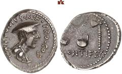 ROMAN COINS IMPERATORISCHE PRÄGUNGEN C. Antonius. AR-Denar, 43 v. Chr. Apollonia; 4.01 g. Drapierte Büste der Macedonia r. mit Kausia//Zwei Simpula und Securis. Bab. 148; BMC 37; Crawf. 484/1; Sear 14