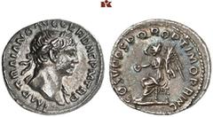 ROMAN COINS MÜNZEN DER RÖMISCHEN KAISERZEIT Traianus, 98-117. AR-Quinar, 107/111, Rom; 1.33 g. Kopf r. mit Lorbeerkranz, l. drapiert//Victoria sitzt l. mit Kranz und Palmzweig. RIC -; BMC 345; Coh. 72