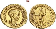 ROMAN COINS MÜNZEN DER RÖMISCHEN KAISERZEIT Traianus Decius, 249-251 für Herennius Etruscus. AV-Aureus, 250/251, Rom; 4.81 g. Drapierte Büste r.//Prinz steht l. mit Standarte und Zepter. Coh. 32; RIC 