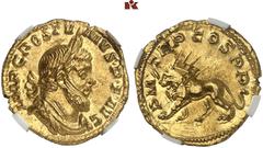 ROMAN COINS MÜNZEN DER RÖMISCHEN KAISERZEIT Postumus, 260-268. AV-Aureus, 258/260, Colonia; 4.90 g. Drapierte Büste r. mit Lorbeerkranz//Löwe l. mit Strahlenbinde und Blitz. RIC -; Elmer 135; Coh. -; 