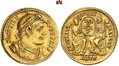 ROMAN COINS MÜNZEN DER RÖMISCHEN KAISERZEIT Jovianus, 363-364. AV-Solidus, Antiochia, 6. Offizin; 4.38 g. Drapierte Büste r. mit Perldiadem//Roma und Constantinopolis sitzen fast v. v. und halten Schi