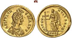 ROMAN COINS MÜNZEN DER RÖMISCHEN KAISERZEIT Theodosius II. 408-450 für Aelia Pulcheria. AV-Solidus, 420/422, Constantinopolis; 4.38 g. Drapierte Büste r. mit Diadem, gekrönt von der Hand Gottes//Victo