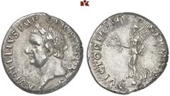 ROMAN COINS MÜNZEN DER RÖMISCHEN KAISERZEIT Vitellius, 69. AR-Denar, Tarraco (?); 3,32 g. Kopf l. mit Lorbeerkranz//Victoria l. auf Globus mit Kranz und Palmzweig. BMC -; Coh. -; RIC² -. Wohl Unikum. 