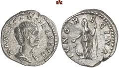 ROMAN COINS MÜNZEN DER RÖMISCHEN KAISERZEIT Didius Julianus, 193 für Manlia Scantilla. AR-Denar, Rom; 3,39 g. Drapierte Büste r.//Iuno steht l. mit Patera und Zepter, davor Pfau. BMC 11; Coh. 2; RIC 7