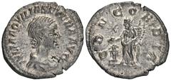 ROMAN COINS MÜNZEN DER RÖMISCHEN KAISERZEIT Antoninus IV. Elagabal, 218-222 für Aquilia Severa. AR-Denar, 220/222, Rom; 2,74 g. Drapierte Büste r.//Concordia steht l. mit Patera und Doppelfüllhorn und