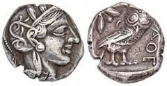 GREEK COINS ATTICA ATHEN. AR-Tetradrachme, um 440/420 v. Chr.; 16,87 g. Athenakopf r. mit attischem Helm//In Incusum: Eule r., dahinter Olivenzweig und Mondsichel. Flament Gruppe II; Hoover 1597. Fein