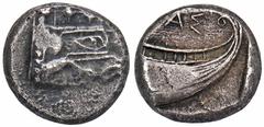 GREEK COINS LYCIA PHASELIS. AR-Tetrobol, 480/440 v. Chr.; 3,38 g. Prora in Form einer Eberprotome r.//Schiffsheck r. Heipp-Tamer 56; Müseler vergl. IX,10. Sehr schön Exemplar der Sammlung Klaus Marows