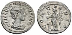 ROMAN COINS MÜNZEN DER RÖMISCHEN KAISERZEIT Antoninus IV. Elagabal, 218-222 für Aquilia Severa. AR-Denar, 220/222, Rom; 3,29 g. Drapierte Büste r.//Concordia steht l. mit Patera und Doppelfüllhorn und