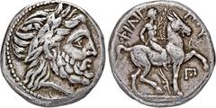 MACEDONIA KÖNIGREICH. Philippos II., 359-336 v. Chr. Õ-Tetradrachme, posthum, 323/315 v. Chr., Amphipolis; 14,04 g. Zeuskopf r. mit Lorbeerkranz//Reiter r. mit Zweig, unten Aphlaston und Π. Hoover -; 