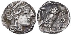 ATTICA ATHEN. Õ-Tetradrachme, um 420/405 v. Chr.; 17,12 g. Athenakopf r. mit attischem Helm//In Incusum: Eule r., dahinter Olivenzweig und Mondsichel. Flament Gruppe III; Hoover 1597. Feine Tönung, gu