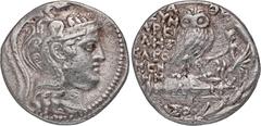 ATTICA ATHEN. Õ-Tetradrachme, Pyanepsion (= Oktober/November) 113/112 v. Chr.; 16,82 g. Athenakopf r. mit attischem Helm//In Kranz: Eule auf Amphore mit Δ   v. v., r. Triptolemos l. in Schlangenwagen.
