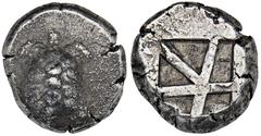 AEGINA AEGINA. Õ-Stater, 445/430 v. Chr.; 12,3 g. Landschildkröte//Fünffach geteiltes Incusum. Hoover 437; SNG Delepierre 1775 ff. R Feine Tönung, kl. Schrötlingsrisse, sehr schön