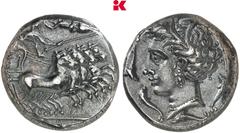 GRIECHISCHE MÜNZEN SICILIA PUNIER. AR-Tetradrachme, 350/330 v. Chr., Rasch Melqart (= Kephaloidion?); 16,93 g Quadriga r., Nike bekränzt Lenker//Weiblicher Kopf l., von vier Delphinen umgeben. Jenkins