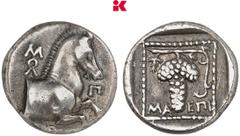 GRIECHISCHE MÜNZEN THRACIA MARONEIA. AR-Triobol, 398/385 v. Chr., Magistrat Molpol (...); 2,71 g. Pferdeprotome r.//Weinstock. Schönert-Geiss 321; Corpus Nummorum Online cn type 864; Hoover 1534 Feine