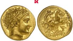 GRIECHISCHE MÜNZEN MACEDONIA KÖNIGREICH. Philippos II., 359-336 v. Chr. AV-Stater, posthum, 323/315 v. Chr., Pella; 8,60 g Apollokopf r. mit Lorbeerkranz//Biga r., darunter Stierkopf. Le Rider - (D 18