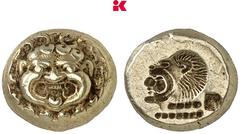 GRIECHISCHE MÜNZEN LESBOS MYTILENE. El-Hekte (1/6 Stater), 521/478 v. Chr.; 2,53 g Gorgoneion//Incuser Herakleskopf im Löwenfell l., darunter Keule. Bodenstedt 19.2; Hoover 945 Von großer Seltenheit. 