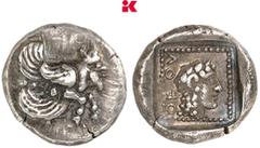 GRIECHISCHE MÜNZEN LYCIA Uwug/Orou. AR-Tetrobol, 470/440 v. Chr., unbestimmte Münzstätte; 2,94 g Androkephale, geflügelte Stierprotome r.//In Incusum: Perlquadrat, darin Apollokopf (Müseler) bzw. Frau