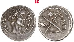 RÖMISCHE MÜNZEN IMPERATORISCHE PRÄGUNGEN C. Julius Caesar, † 44 v. Chr. AR-Denar, 44 v. Chr., Rom, L. Buca; 3,76 g. Kopf Caesars r. mit Kranz//Fasces und geflügelter Caduceus gekreuzt, oben Globus, l.