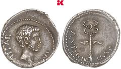 RÖMISCHE MÜNZEN IMPERATORISCHE PRÄGUNGEN Octavianus und Marcus Antonius. AR-Denar, 40/39 v. Chr., italische Münzstätte; 3,72 g Kopf des Octavianus r.//Geflügelter Caduceus. Bab. 60; BMC 93; Crawf. 529