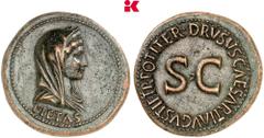 RÖMISCHE MÜNZEN MÜNZEN DER RÖMISCHEN KAISERZEIT Tiberius, 14-37 für Drusus und Livia. Æ-Dupondius, 22/23, Rom; 15,69 g Verschleierte Büste der Livia als Pietas r.//SC. BMC 98; Coh. 1; RIC² 43 Feines P