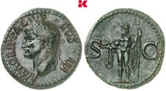 RÖMISCHE MÜNZEN MÜNZEN DER RÖMISCHEN KAISERZEIT Gaius Caligula, 37-41 für Agrippa. Æ-As, Rom; 11,77 g Kopf l. mit Rostralkrone//Neptun steht l. mit Delphin und Dreizack. BMC 161 (Tiberius); Coh. 3 (Ag