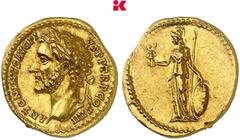 RÖMISCHE MÜNZEN MÜNZEN DER RÖMISCHEN KAISERZEIT Antoninus I. Pius, 138-161. AV-Aureus, 145/161, Rom; 7,31 g Kopf l. mit Lorbeerkranz//Minerva steht l. mit Victoria, Speer und Schild. BMC 587; Calicó 1