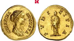 RÖMISCHE MÜNZEN MÜNZEN DER RÖMISCHEN KAISERZEIT Commodus, 177-192 für Crispina. AV-Aureus, 180/183, Rom; 7,24 g Drapierte Büste r.//Pudicitia steht l. BMC 43; Calicó 2374; Coh. 29; RIC 285 Prachtexemp