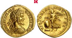RÖMISCHE MÜNZEN MÜNZEN DER RÖMISCHEN KAISERZEIT Septimius Severus, 193-211. AV-Aureus, 198/200, Rom; 7,43 g Drapierte Büste r. mit Lorbeerkranz//Victoria fliegt l. mit Kranz, davor Schild auf Basis. B