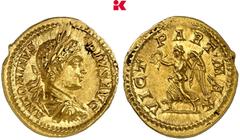 RÖMISCHE MÜNZEN MÜNZEN DER RÖMISCHEN KAISERZEIT Antoninus III. Caracalla, 198-217. AV-Aureus, 201/206, Rom; 7,19 g Drapierte Büste r. mit Lorbeerkranz//Victoria geht l. mit Kranz und Palmzweig. BMC 29