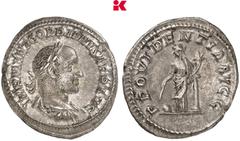 RÖMISCHE MÜNZEN MÜNZEN DER RÖMISCHEN KAISERZEIT Gordianus II. Africanus, 238. AR-Denar, Rom; 3,15 g Drapierte Büste r. mit Lorbeerkranz//Providentia steht l. mit Stab und Füllhorn an Säule gelehnt, da