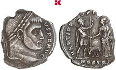 RÖMISCHE MÜNZEN MÜNZEN DER RÖMISCHEN KAISERZEIT Maxentius, 306-312. AR-Siliqua, 309, Ostia; 2,47 g Kopf r. mit Lorbeerkranz//Mars mit Zepter und weibliche Figur stehen einander gegenüber und reichen s