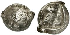 GRIECHISCHE MÜNZEN ATTICA ATHEN AR-Tetradrachme, um 500/475 v. Chr.; 17,63 g. Athenakopf r. mit attischem Helm//In Incusum: Eule r., dahinter Olivenzweig. Seltman Gruppe G ii (A 147). Sehr schön