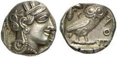 GRIECHISCHE MÜNZEN ATTICA ATHEN AR-Tetradrachme, um 420/405 v. Chr.; 17,02 g. Athenakopf r. mit attischem Helm//In Incusum: Eule r., dahinter Olivenzweig und Mondsichel. Flament Gruppe III. Vorzüglich