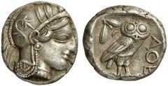 GRIECHISCHE MÜNZEN ATTICA ATHEN AR-Tetradrachme, um 420/405 v. Chr.; 17,07 g. Athenakopf r. mit attischem Helm//In Incusum: Eule r., dahinter Olivenzweig und Mondsichel. Flament Gruppe III. Sehr schön