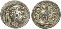 GRIECHISCHE MÜNZEN ATTICA ATHEN AR-Tetradrachme, Posideon (= Dezember/Januar) 128/127 v. Chr.; 16,83 g. Athenakopf r. mit attischem Helm//Im Kranz: Eule auf Amphore mit Z v. v., l. Füllhorn mit Ähre. 