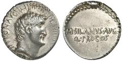RÖMISCHE MÜNZEN IMPERATORISCHE PRÄGUNGEN Marcus Antonius, † 30 v. Chr AR-Denar, 32 v. Chr., Athen, M. Iunius Silanus; 3,82 g. Kopf r.//Schrift in zwei Zeilen. Bab. 97; BMC 175; Crawf. 542/1; Sear 346;