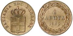 EUROPÄISCHE MÜNZEN UND MEDAILLEN GRIECHENLAND Otto I., 1832-1862 Ku.-2 Lepta 1832, Athen. Divo 25 a. R Attraktives Exemplar mit hübscher Patina, vorzüglich­Stempelglanz