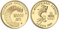 EUROPÄISCHE GOLDMÜNZEN UND -MEDAILLEN GRIECHENLAND Republik 10.000 Drachmen 1991. XI. Mittelmeer-Sportspiele 1991 in Athen - Delphin. 7,20 g Feingold. Fb. 32; Schl. 24. Nur 2.000 Exemplare geprägt. In