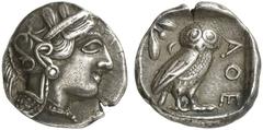 GRIECHISCHE MÜNZEN ATTICA ATHEN AR-Tetradrachme, um 420/405 v. Chr.; 16,81 g. Athenakopf r. mit attischem Helm//In Incusum: Eule r., dahinter Olivenzweig und Mondsichel. Flament Gruppe III. Herrliche 