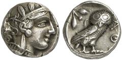 GRIECHISCHE MÜNZEN ATTICA ATHEN AR-Tetradrachme, um 420/405 v. Chr.; 16,93 g. Athenakopf r. mit attischem Helm//In Incusum: Eule r., dahinter Olivenzweig und Mondsichel. Flament Gruppe III, 26/b. Sehr