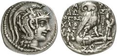GRIECHISCHE MÜNZEN ATTICA ATHEN AR-Tetradrachme, Boedromion (= September/Oktober) 100 v. Chr.; 16,34 g. Athenakopf r. mit attischem Helm//In Kranz: Eule auf Amphore mit Γ v. v., r. Tyche. Thompson 860