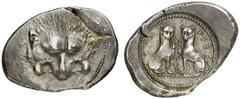 GRIECHISCHE MÜNZEN LYCIA TLOS AR-Stater, um 400 v. Chr.; 8,50 g. Löwenmaske v. v.//Zwei Panther sitzen sich gegenüber, dazwischen Diskelis. Vismara II, 189. R Ovaler Schrötling, kl. Schrötlingsfehler,