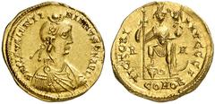 FRÜHMITTELALTER (5.-10. JAHRHUNDERT), ITALIEN UND EUROPA NACH DEM ZERFALL DES RÖMISCHEN IMPERIUMS BURGUNDER PSEUDOIMPERIALE PRÄGUNGEN („SOLIDI GALLICI“) AV-Solidus im Namen des Valentinianus III., nac