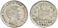 EUROPÄISCHE MÜNZEN UND MEDAILLEN GRIECHENLAND Otto I., 1832-1862. 1/2 Drachme 1842, Athen. Divo 14 c. Sehr selten, besonders in dieser Erhaltung. Attraktives, fast vorzügliches Exemplar