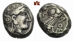 ATTICA ATHEN. AR-Tetradrachme, um 350/295 v. Chr.; 16.87 g. Athenakopf r. mit attischem Helm//Eule r., dahinter Olivenzweig und Mondsichel. Flament S. 125 ff., Gruppe Pi II. Sehr schön