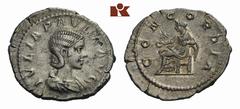 Antoninus IV. Elagabal, 218-222 für Julia Paula. AR-Denar, 219/220, Rom; 3.08 g. Drapierte Büste r.//Concordia sitzt l. mit Patera, davor Stern. BMC 172; Coh. 6; RIC 211. Sehr schön Julia Paula, die T
