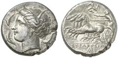 TETRADRACHMEN DES HELLENISMUS DIE SAMMLUNG DIETER GRUNOW, BERLIN GRIECHEN SICILIA SYRAKUS Agathokles, 317-289 v. Chr.. -Tetradrachme, 310/305 v. Chr.; 17,02 g. Arethusakopf l., von drei Delphinen umge